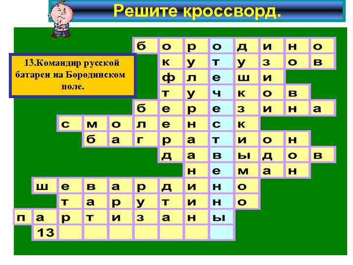 Решите кроссворд. 13. Командир русской батареи на Бородинском поле. 