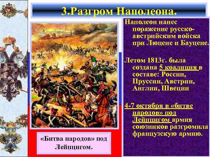 3. Разгром Наполеона. Наполеон нанес поражение русскоавстрийским войска при Люцене и Бауцене. Летом 1813