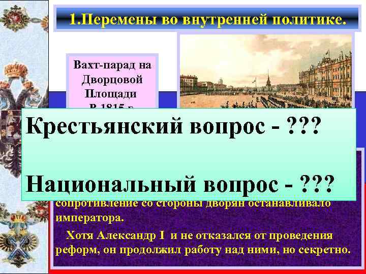 1. Перемены во внутренней политике. Вахт-парад на Дворцовой Площади В 1815 г. Крестьянский вопрос