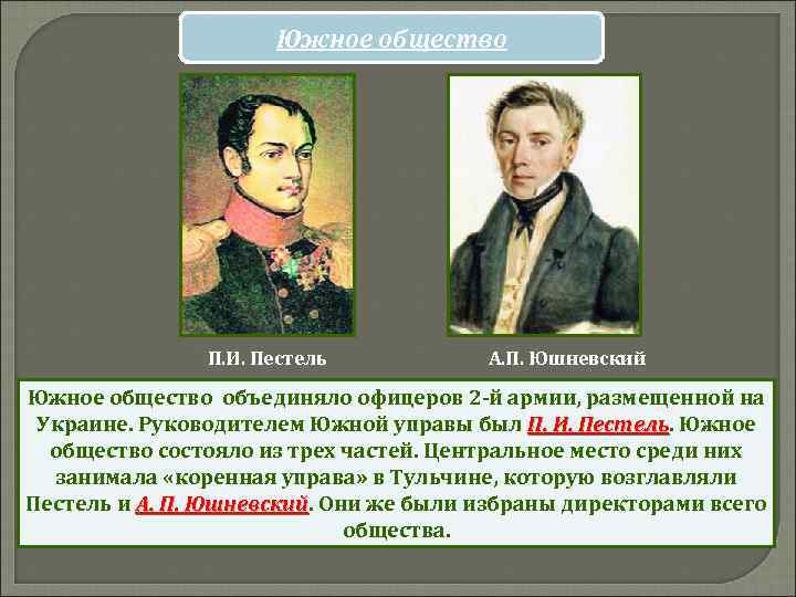 Южное общество П. И. Пестель А. П. Юшневский Южное общество объединяло офицеров 2 -й