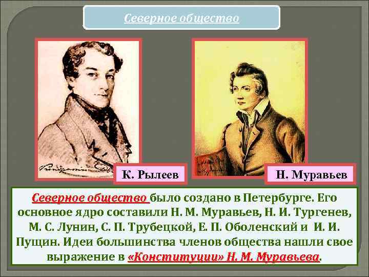 Северное общество К. Рылеев Н. Муравьев Северное общество было создано в Петербурге. Его основное