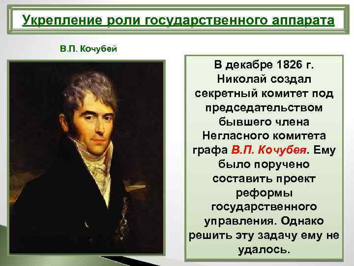 Укрепление роли государственного аппарата В. П. Кочубей В декабре 1826 г. Николай создал секретный