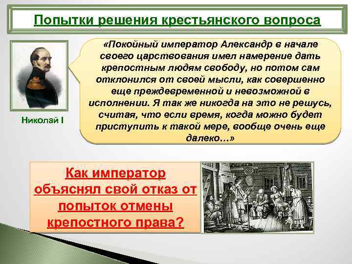 Попытки решения крестьянского вопроса Николай I «Покойный император Александр в начале своего царствования имел