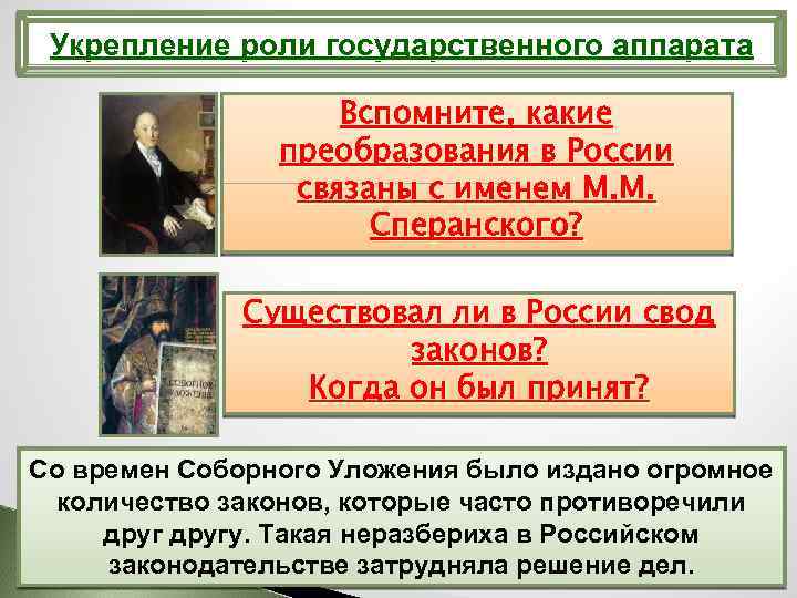 Укрепление роли государственного аппарата Вспомните, какие преобразования в России связаны с именем М. М.