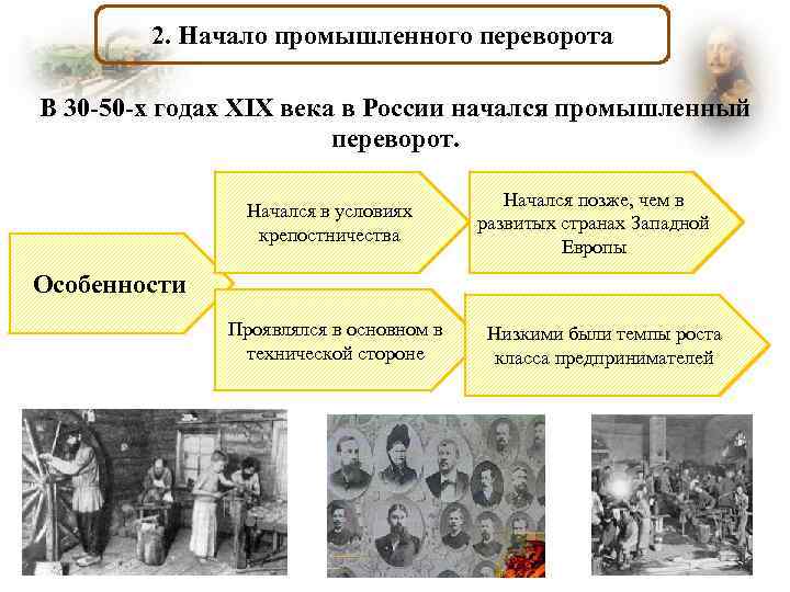 2. Начало промышленного переворота В 30 -50 -х годах XIX века в России начался