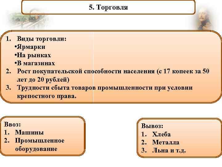 5. Торговля 1. Виды торговли: • Ярмарки • На рынках • В магазинах 2.