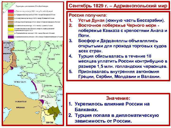 Сентябрь 1829 г. – Адрианопольский мир Россия получила: 1. Устье Дуная (южную часть Бессарабии).