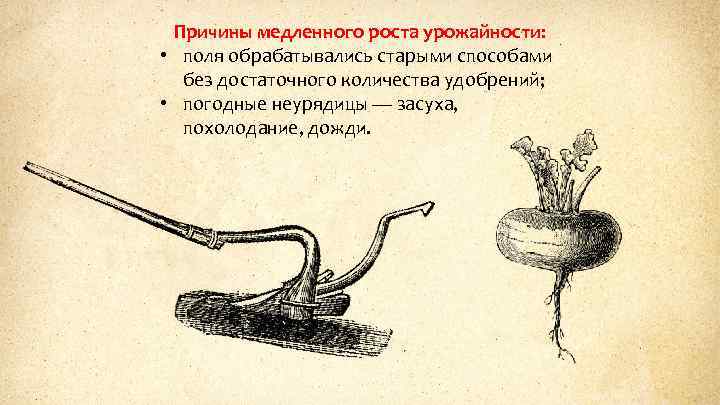 Причины медленного роста урожайности: • поля обрабатывались старыми способами без достаточного количества удобрений; •