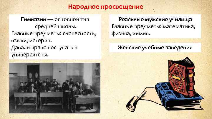Народное просвещение Гимназии — основной тип средней школы. Главные предметы: словесность, языки, история. Давали