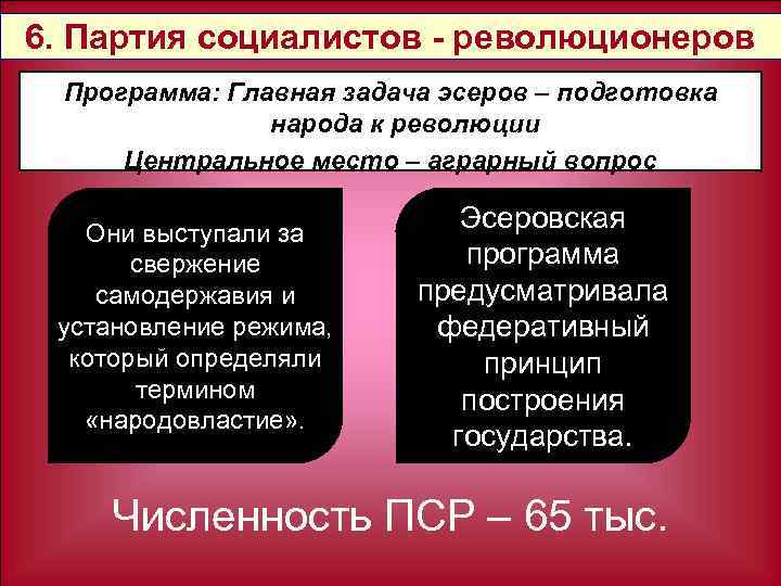 6. Партия социалистов - революционеров Программа: Главная задача эсеров – подготовка народа к революции