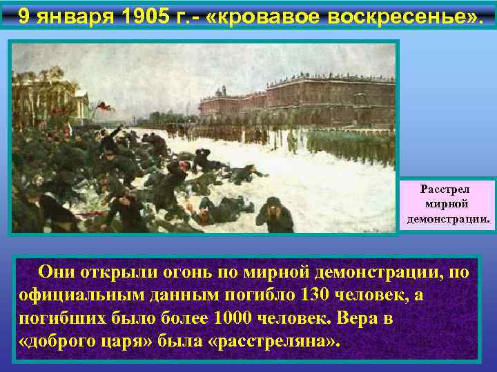 9 января 1905 г. - «кровавое воскресенье» . Расстрел мирной демонстрации. Они открыли огонь