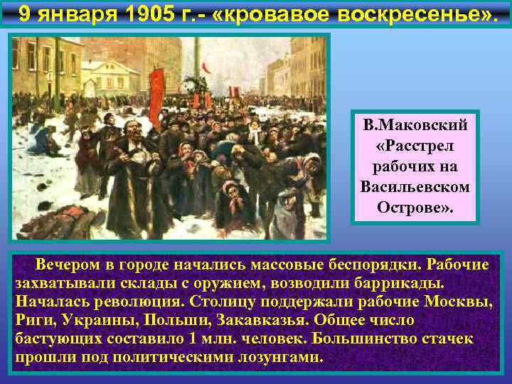 9 января 1905 г. - «кровавое воскресенье» . В. Маковский «Расстрел рабочих на Васильевском