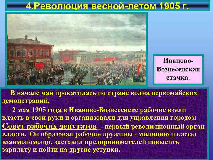 4. Революция весной-летом 1905 г. Иваново. Вознесенская стачка. В начале мая прокатилась по стране