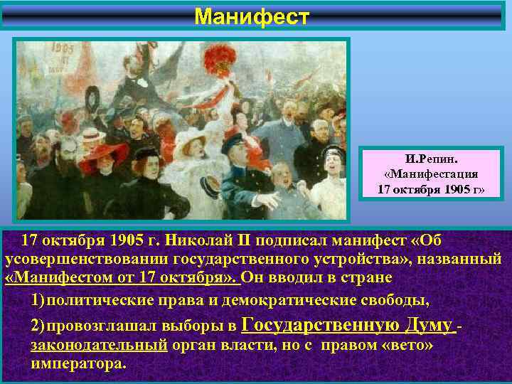 Манифест И. Репин. «Манифестация 17 октября 1905 г» 17 октября 1905 г. Николай II