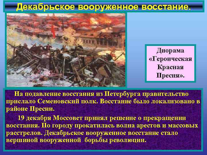 Декабрьское вооруженное восстание. Диорама «Героическая Красная Пресня» . На подавление восстания из Петербурга правительство