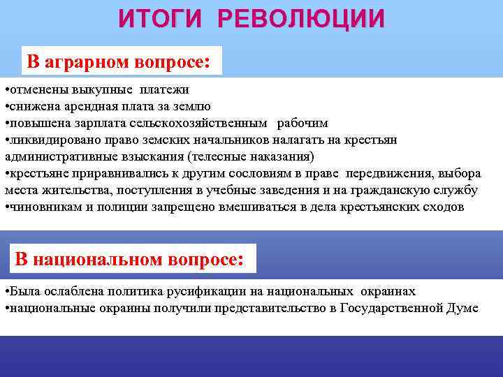 ИТОГИ РЕВОЛЮЦИИ В аграрном вопросе: • отменены выкупные платежи • снижена арендная плата за