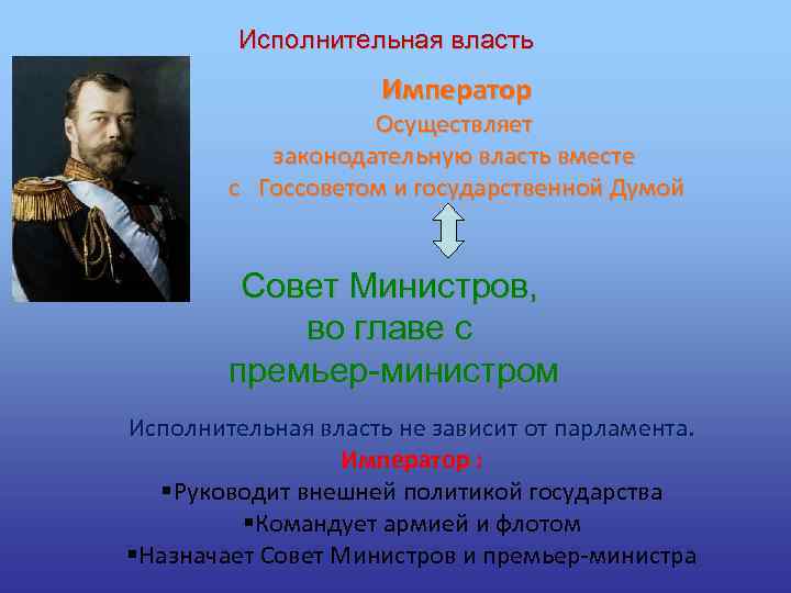 Исполнительная власть Император Осуществляет законодательную власть вместе с Госсоветом и государственной Думой Совет Министров,