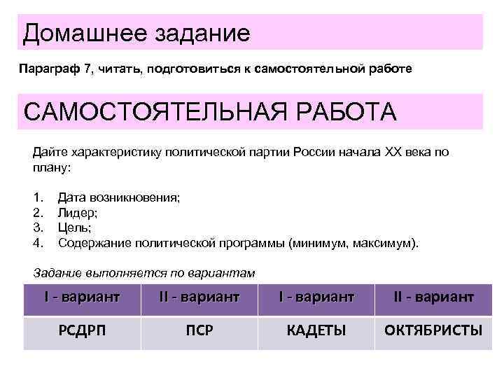 Домашнее задание Параграф 7, читать, подготовиться к самостоятельной работе САМОСТОЯТЕЛЬНАЯ РАБОТА Дайте характеристику политической