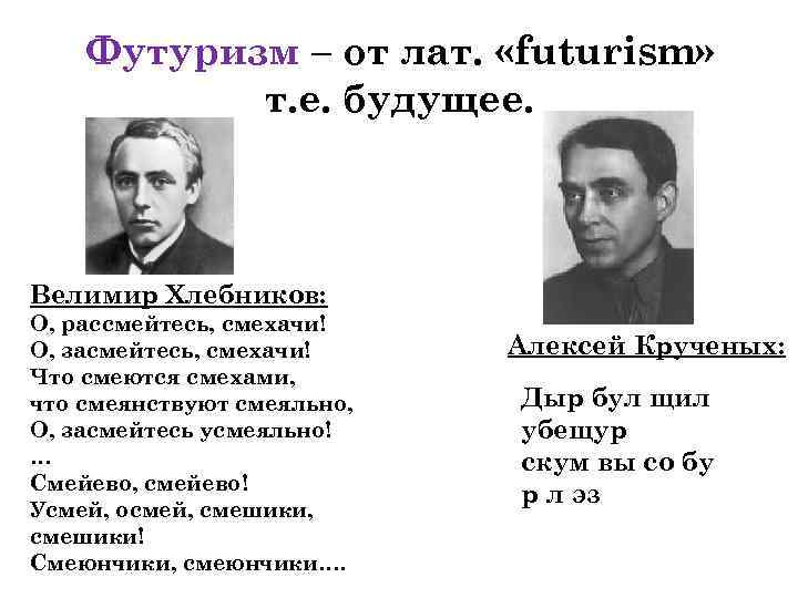 Футуризм – от лат. «futurism» т. е. будущее. Велимир Хлебников: О, рассмейтесь, смехачи! О,