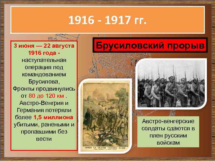 1916 - 1917 гг. 3 июня — 22 августа 1916 года - наступательная операция