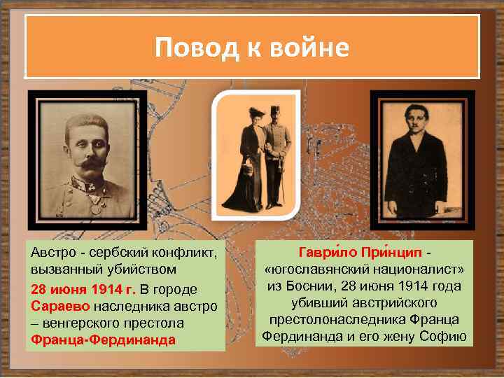 Повод к войне Австро - сербский конфликт, вызванный убийством 28 июня 1914 г. В