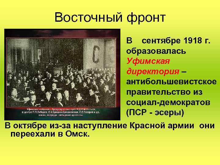 Восточный фронт В сентябре 1918 г. образовалась Уфимская директория – антибольшевистское правительство из социал-демократов