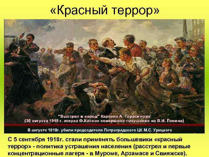  «Красный террор» В августе 1918 г. убили председателя Петроградского ЦК М. С. Урицкого