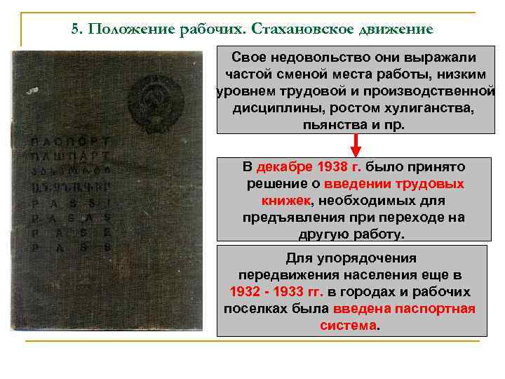 5. Положение рабочих. Стахановское движение Свое недовольство они выражали частой сменой места работы, низким