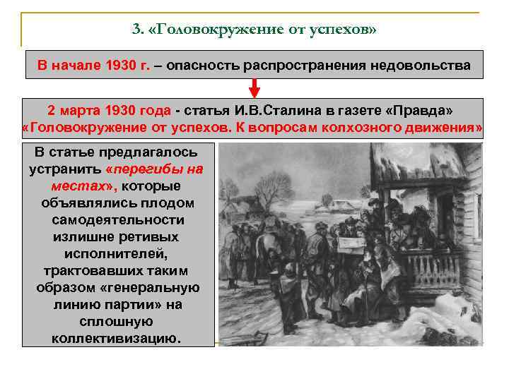 3. «Головокружение от успехов» В начале 1930 г. – опасность распространения недовольства 2 марта