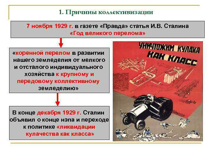 1. Причины коллективизации 7 ноября 1929 г. в газете «Правда» статья И. В. Сталина