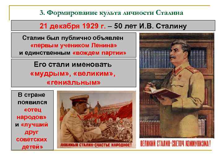 3. Формирование культа личности Сталина 21 декабря 1929 г. – 50 лет И. В.