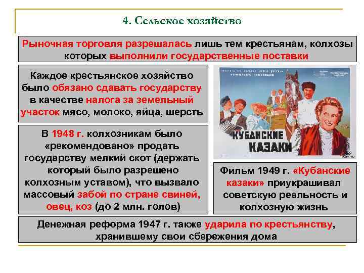 4. Сельское хозяйство Рыночная торговля разрешалась лишь тем крестьянам, колхозы которых выполнили государственные поставки