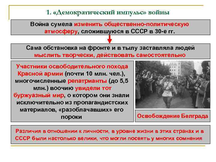 1. «Демократический импульс» войны Война сумела изменить общественно-политическую атмосферу, сложившуюся в СССР в 30