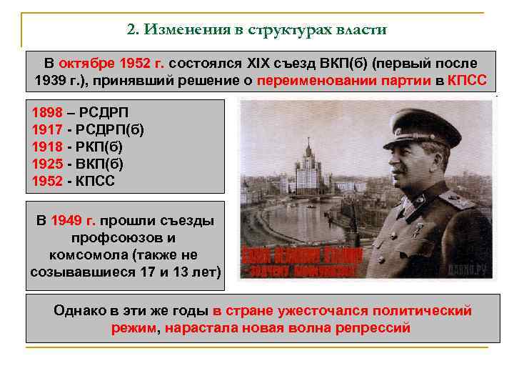 2. Изменения в структурах власти В октябре 1952 г. состоялся XIX съезд ВКП(б) (первый