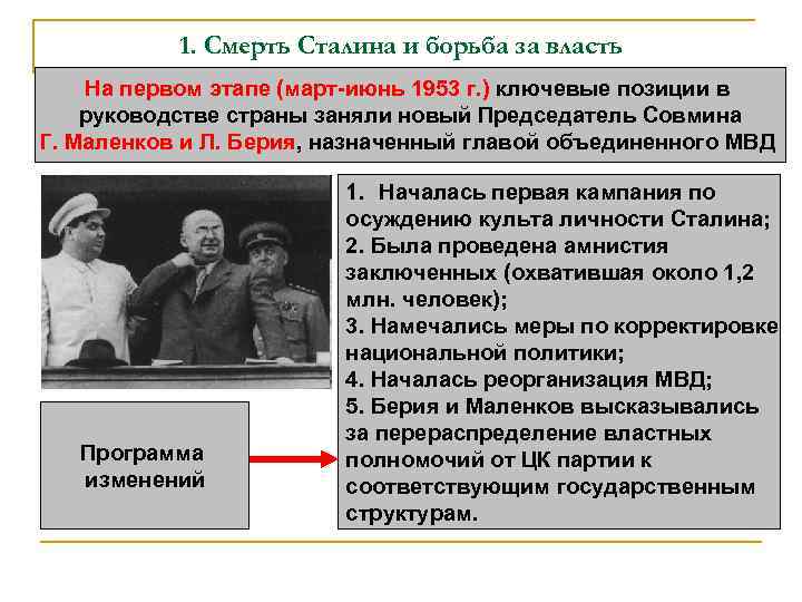 1. Смерть Сталина и борьба за власть На первом этапе (март-июнь 1953 г. )