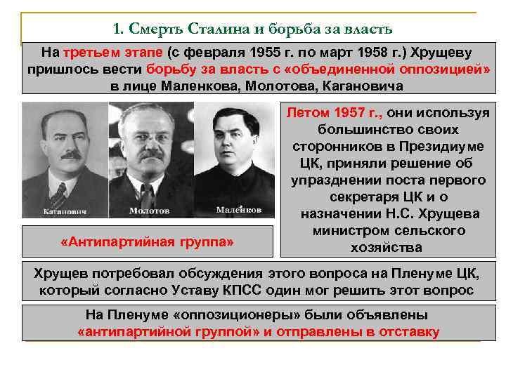 Доклад по теме Смерть Сталина и борьба в руководстве страны за власть 