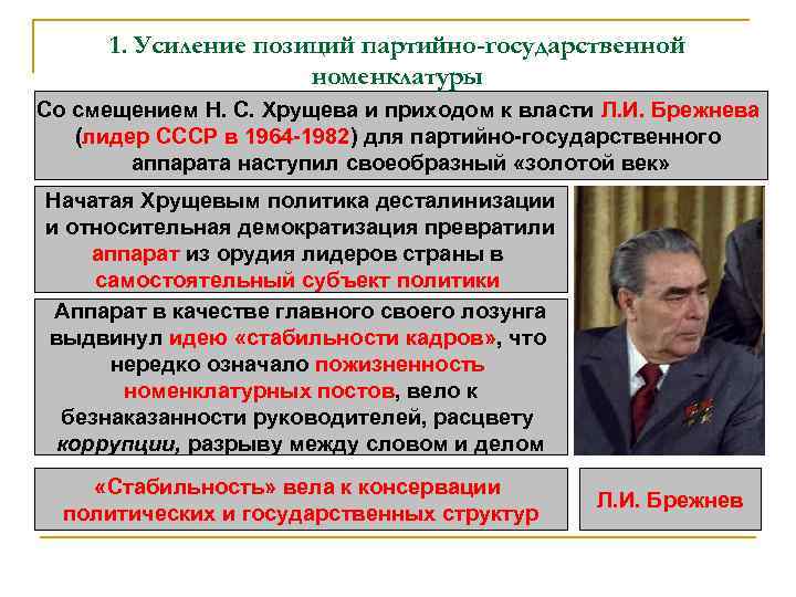 1. Усиление позиций партийно-государственной номенклатуры Со смещением Н. С. Хрущева и приходом к власти