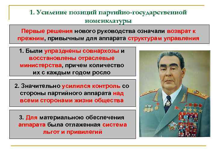 1. Усиление позиций партийно-государственной номенклатуры Первые решения нового руководства означали возврат к прежним, привычным