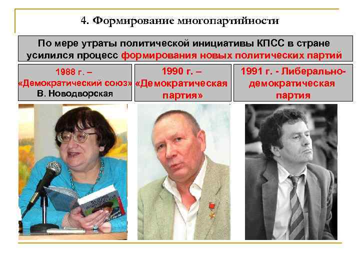 4. Формирование многопартийности По мере утраты политической инициативы КПСС в стране усилился процесс формирования