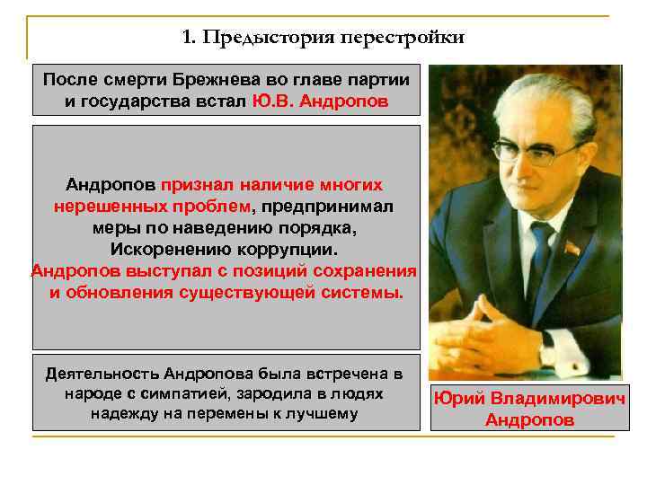 1. Предыстория перестройки После смерти Брежнева во главе партии и государства встал Ю. В.