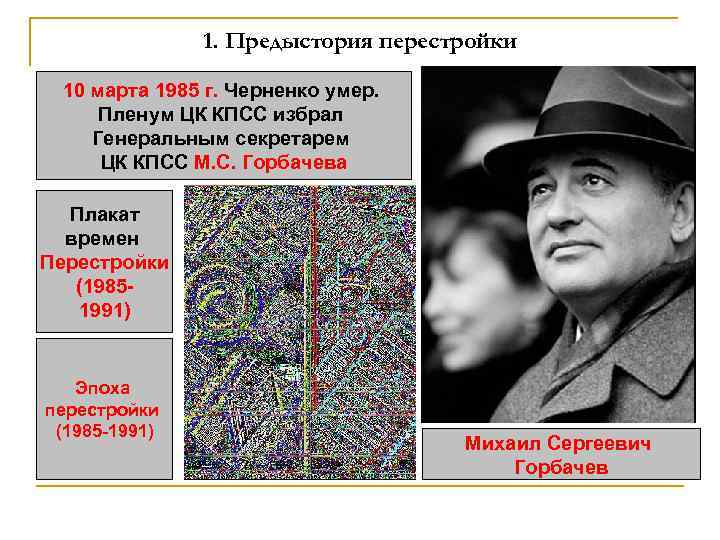 1. Предыстория перестройки 10 марта 1985 г. Черненко умер. Пленум ЦК КПСС избрал Генеральным