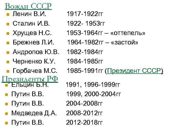 Вожди СССР n n n n Ленин В. И. Сталин И. В. Хрущев Н.