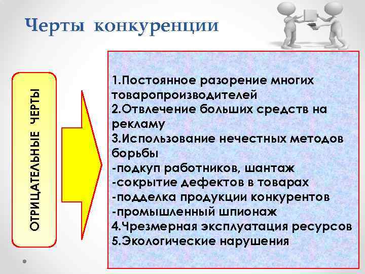 ОТРИЦАТЕЛЬНЫЕ ЧЕРТЫ Черты конкуренции 1. Постоянное разорение многих товаропроизводителей 2. Отвлечение больших средств на