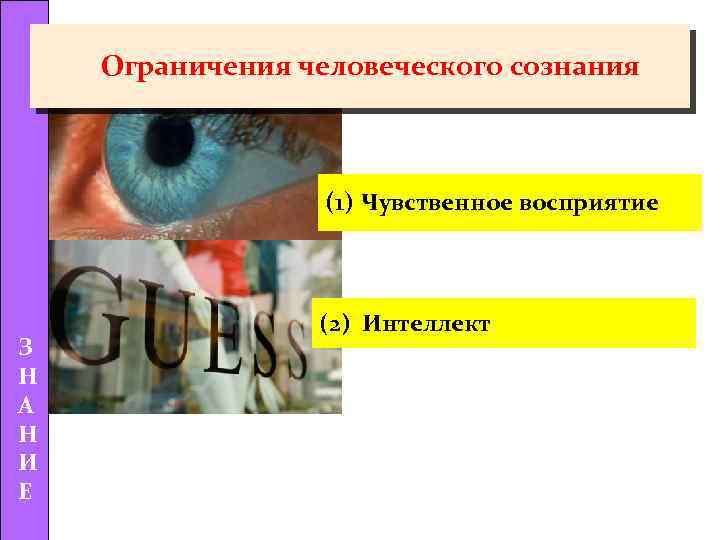 Ограничения человеческого сознания (1) Чувственное восприятие З Н А Н И Е (2) Интеллект