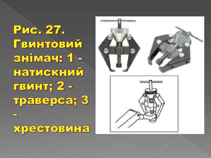 Рис. 27. Гвинтовий знімач: 1 натискний гвинт; 2 траверса; 3 хрестовина 