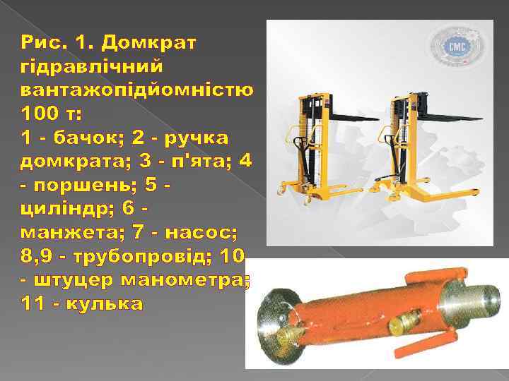 Рис. 1. Домкрат гідравлічний вантажопідйомністю 100 т: 1 - бачок; 2 - ручка домкрата;