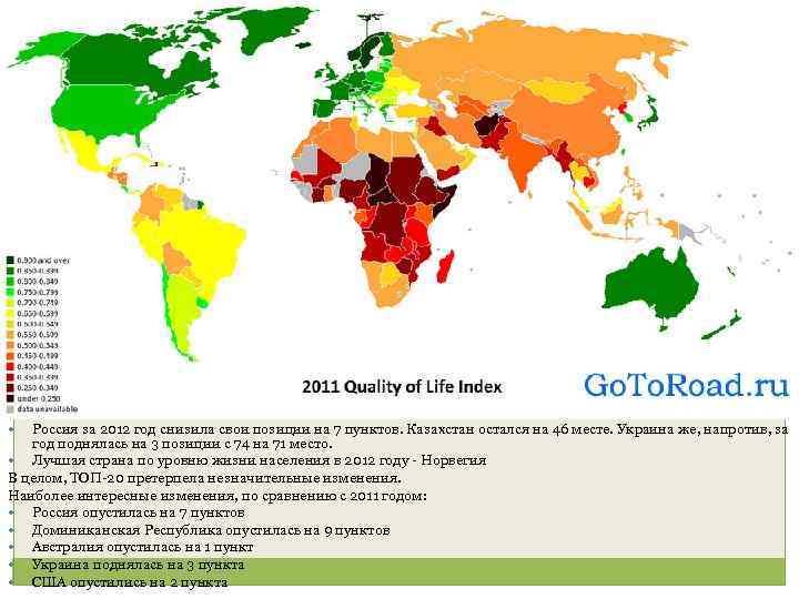 Россия за 2012 год снизила свои позиции на 7 пунктов. Казахстан остался на 46