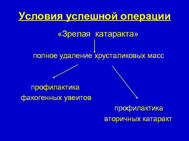 Условия успешной операции «Зрелая катаракта» полное удаление хрусталиковых масс профилактика факогенных увеитов профилактика вторичных