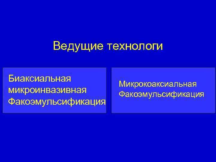 Ведущие технологи Биаксиальная микроинвазивная Факоэмульсификация Микрокоаксиальная Факоэмульсификация 