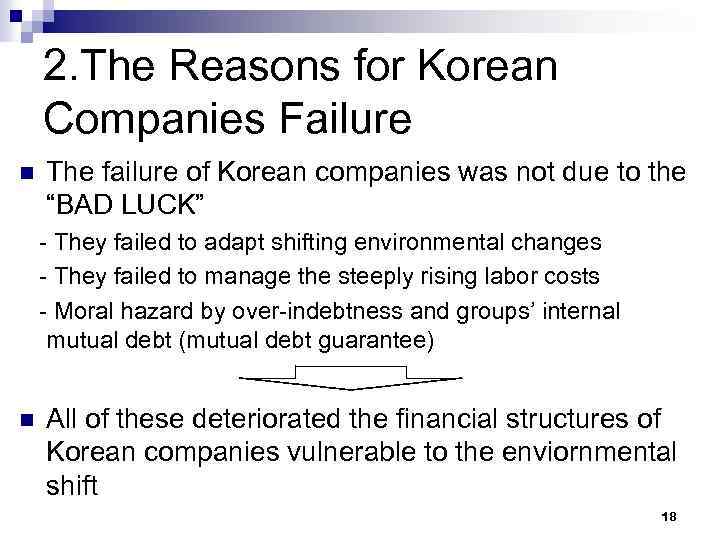 2. The Reasons for Korean Companies Failure n The failure of Korean companies was